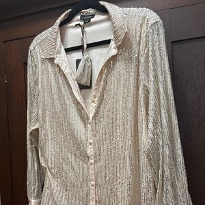 NWT ASbyDF Champagne Sequin Camellia Blouse with Satin Cuffs - Size M